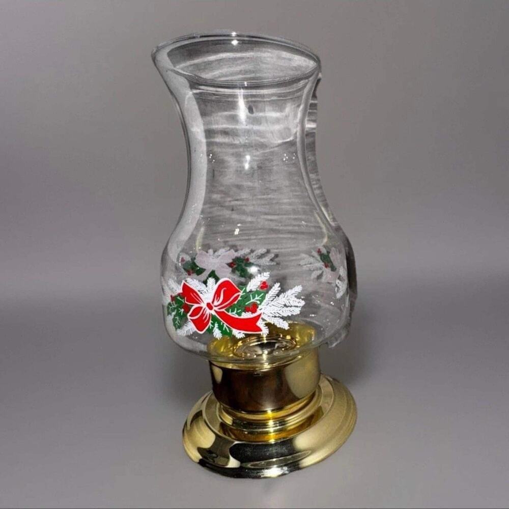 Vintage Brass Hurricane Candle Lamp + 2 Holiday Glass Shades Christmas Decor